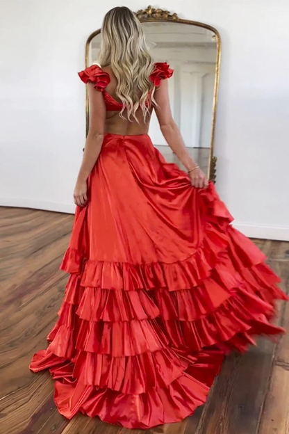 Dramatic Ruffle Shoulder V-Neck Crisscross Cutout Tiered Ruffle Satin High Slit Train Prom Dress