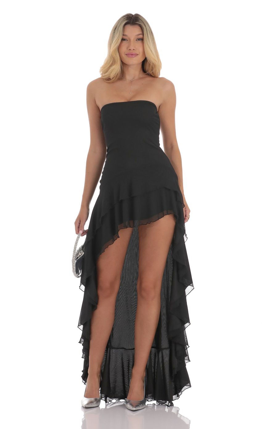 Dramatic Strapless Black Chiffon Evening Dress with Ruffled High-Low Hem & Open Back