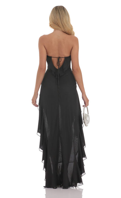 Dramatic Strapless Black Chiffon Evening Dress with Ruffled High-Low Hem & Open Back