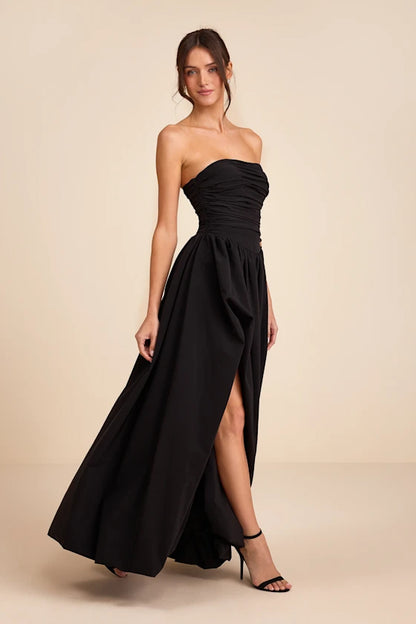 Dramatic Strapless Evening Dresses with Ruched Bodice, Lace-Up Back and Voluminous High Slit Formal Gown