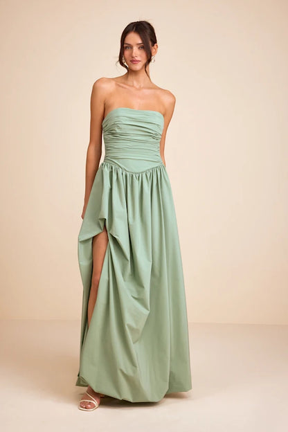 Dramatic Strapless Evening Dresses with Ruched Bodice, Lace-Up Back and Voluminous High Slit Formal Gown