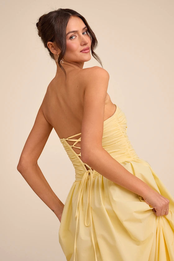 Dramatic Strapless Evening Dresses with Ruched Bodice, Lace-Up Back and Voluminous High Slit Formal Gown