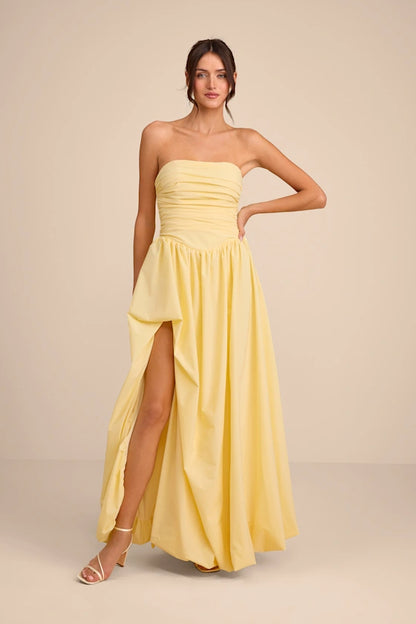 Dramatic Strapless Evening Dresses with Ruched Bodice, Lace-Up Back and Voluminous High Slit Formal Gown