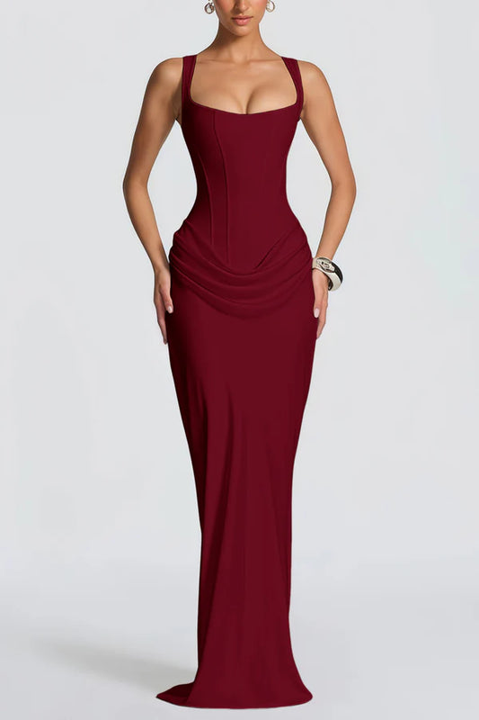 Drape Scarf Mermaid Square Neck Corset Lace-Up Floor Length Evening Dress with Gathered Waist