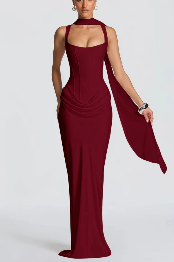 Drape Scarf Mermaid Square Neck Corset Lace-Up Floor Length Evening Dress with Gathered Waist