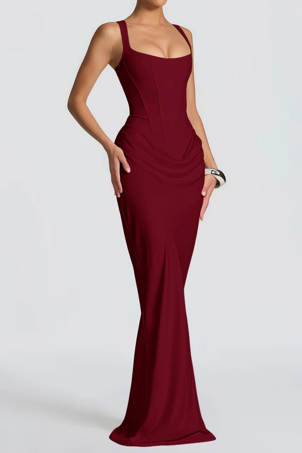Drape Scarf Mermaid Square Neck Corset Lace-Up Floor Length Evening Dress with Gathered Waist