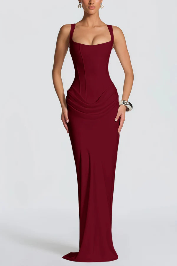 Drape Scarf Mermaid Square Neck Corset Lace-Up Floor Length Evening Dress with Gathered Waist