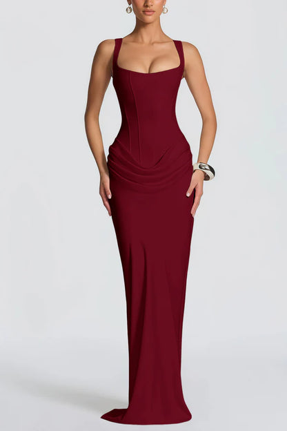 Drape Scarf Mermaid Square Neck Corset Lace-Up Floor Length Evening Dress with Gathered Waist