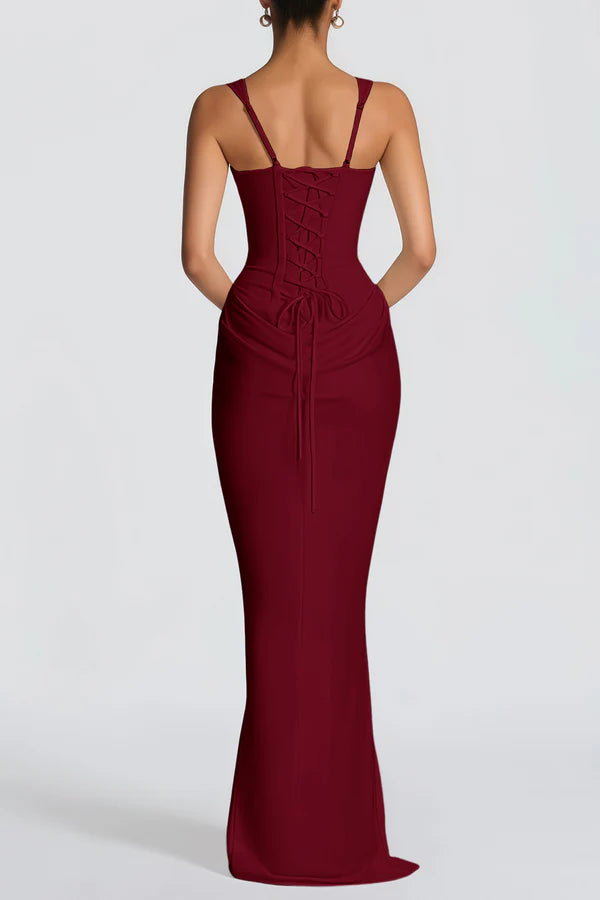 Drape Scarf Mermaid Square Neck Corset Lace-Up Floor Length Evening Dress with Gathered Waist