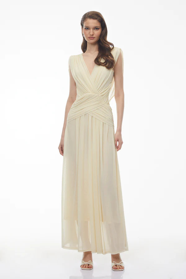 Draped Chiffon A-Line Deep V-Neck Sleeveless Floor Length Evening Dress with Cowl Back