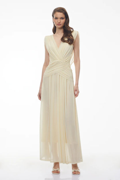 Draped Chiffon A-Line Deep V-Neck Sleeveless Floor Length Evening Dress with Cowl Back