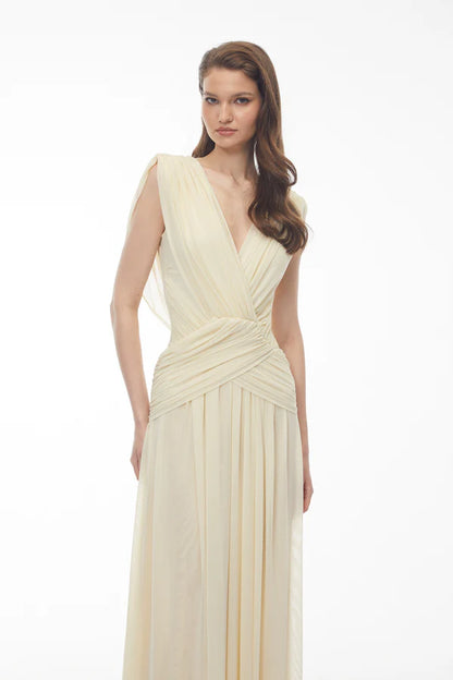 Draped Chiffon A-Line Deep V-Neck Sleeveless Floor Length Evening Dress with Cowl Back