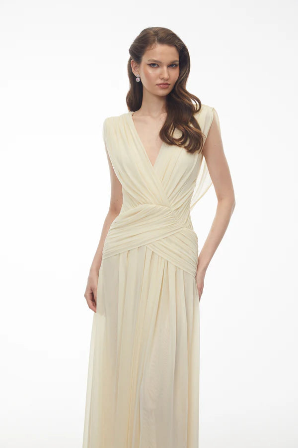 Draped Chiffon A-Line Deep V-Neck Sleeveless Floor Length Evening Dress with Cowl Back