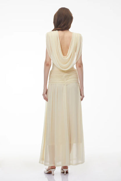 Draped Chiffon A-Line Deep V-Neck Sleeveless Floor Length Evening Dress with Cowl Back