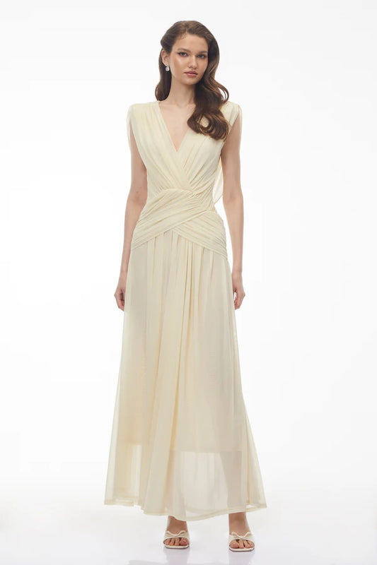 Draped Chiffon A-Line Deep V-Neck Sleeveless Floor Length Evening Dress with Cowl Back