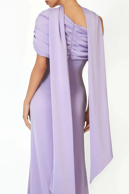 Draped Satin One-Shoulder Column Floor Length Evening Dress with Ruched Back and Long Scarf Detail