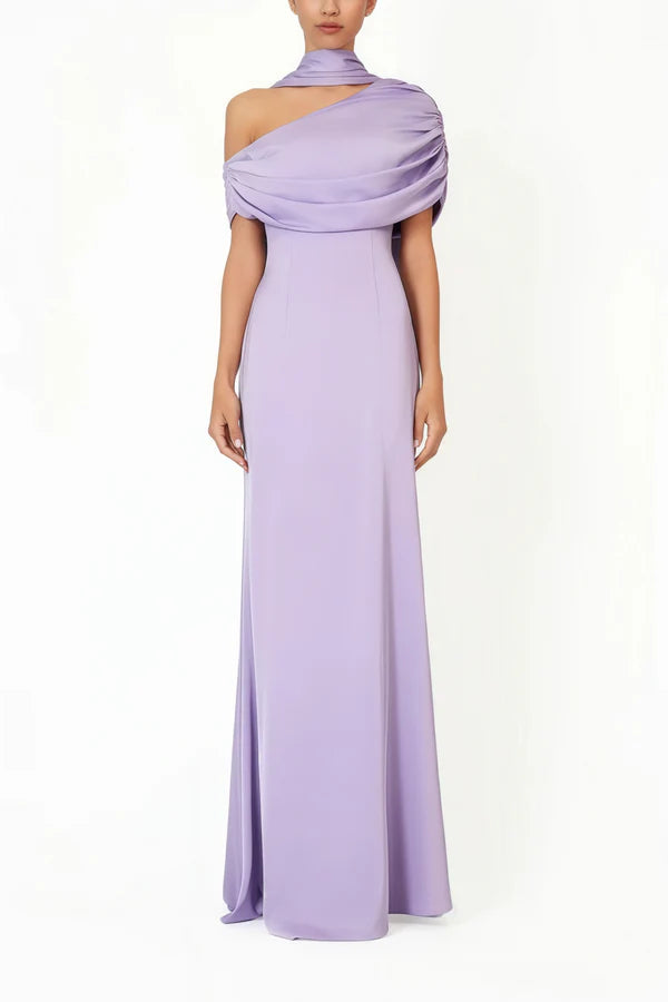 Draped Satin One-Shoulder Column Floor Length Evening Dress with Ruched Back and Long Scarf Detail