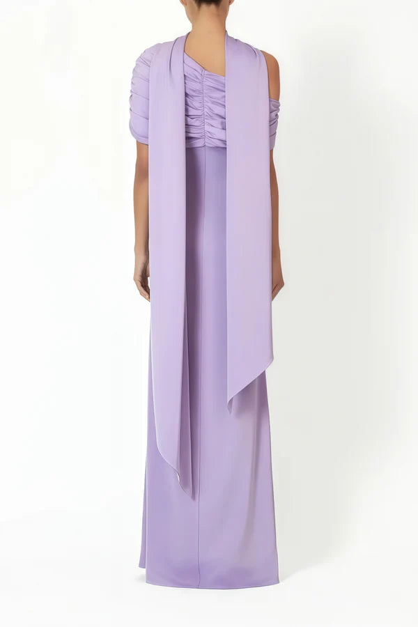 Draped Satin One-Shoulder Column Floor Length Evening Dress with Ruched Back and Long Scarf Detail