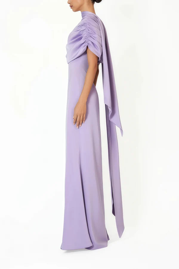 Draped Satin One-Shoulder Column Floor Length Evening Dress with Ruched Back and Long Scarf Detail
