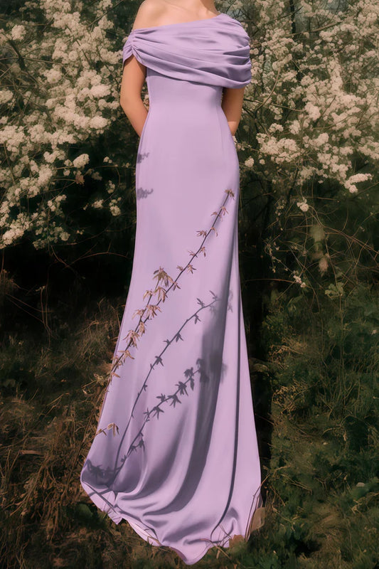 Draped Satin One-Shoulder Column Floor Length Evening Dress with Ruched Back and Long Scarf Detail