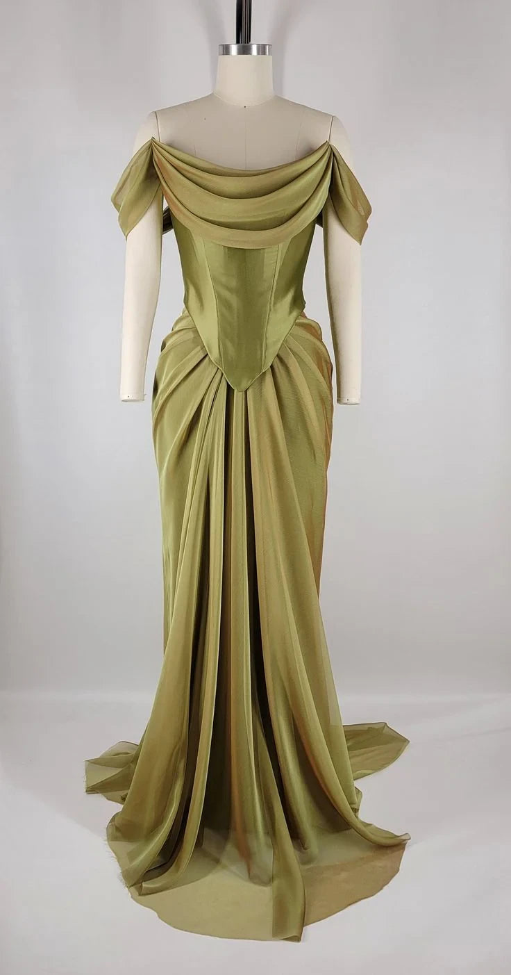 Draped Chiffon Sheath Off-Shoulder Cowl Neck Lace-Up Back Floor-Length Prom Dresses