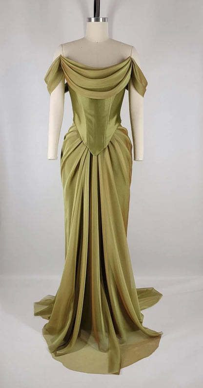 Draped Chiffon Sheath Off-Shoulder Cowl Neck Lace-Up Back Floor-Length Prom Dresses