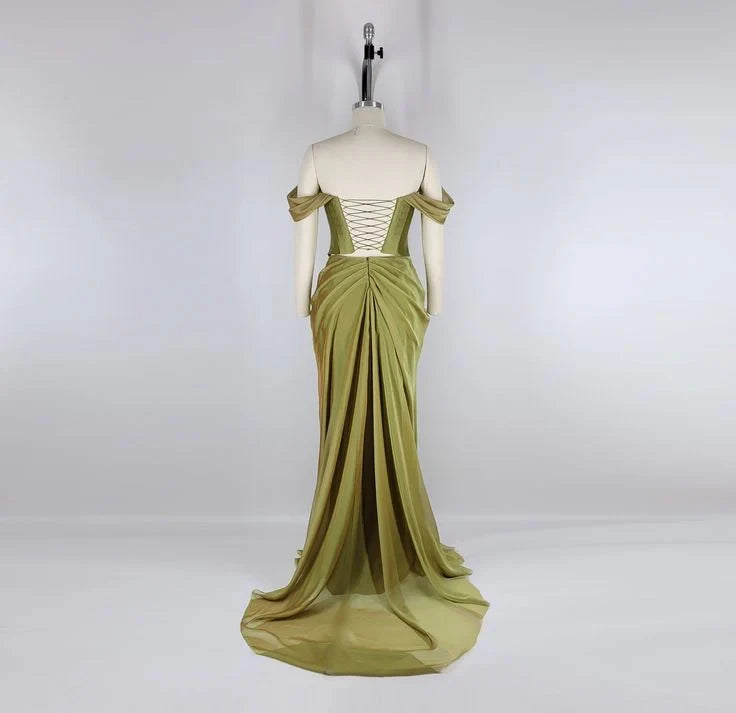 Draped Chiffon Sheath Off-Shoulder Cowl Neck Lace-Up Back Floor-Length Prom Dresses