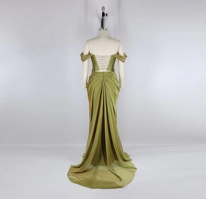 Draped Chiffon Sheath Off-Shoulder Cowl Neck Lace-Up Back Floor-Length Prom Dresses