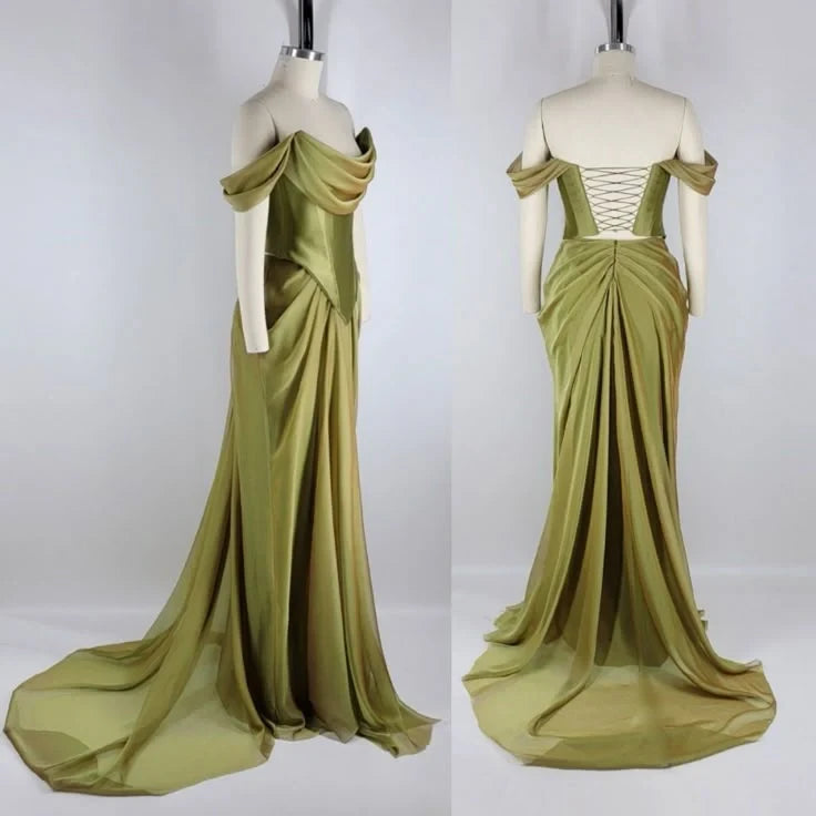 Draped Chiffon Sheath Off-Shoulder Cowl Neck Lace-Up Back Floor-Length Prom Dresses