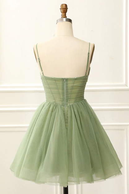 Dreamy A-Line Mini Homecoming Dress Spaghetti Straps Sweetheart Corset Zipper Back Tulle Skirt