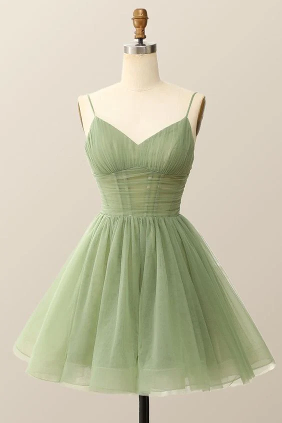 Dreamy A-Line Mini Homecoming Dress Spaghetti Straps Sweetheart Corset Zipper Back Tulle Skirt