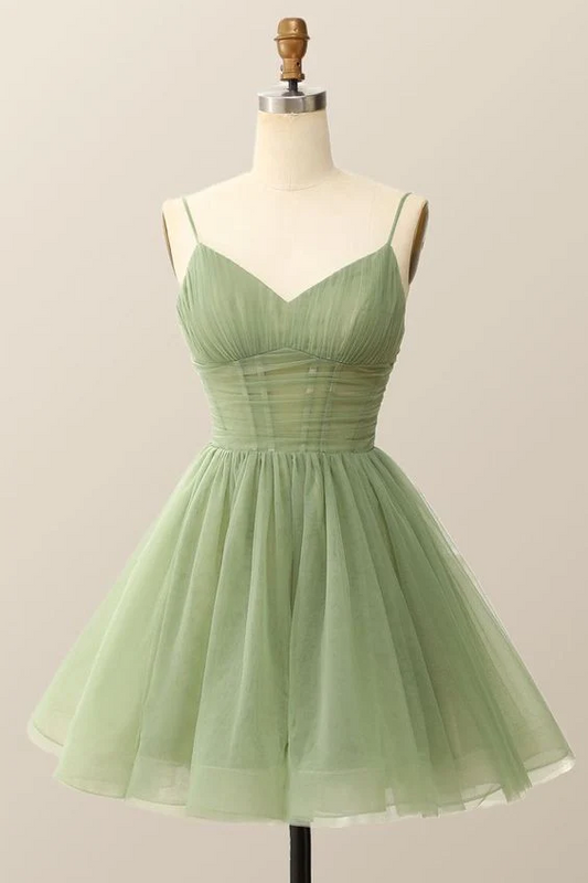 Dreamy A-Line Mini Homecoming Dress Spaghetti Straps Sweetheart Corset Zipper Back Tulle Skirt