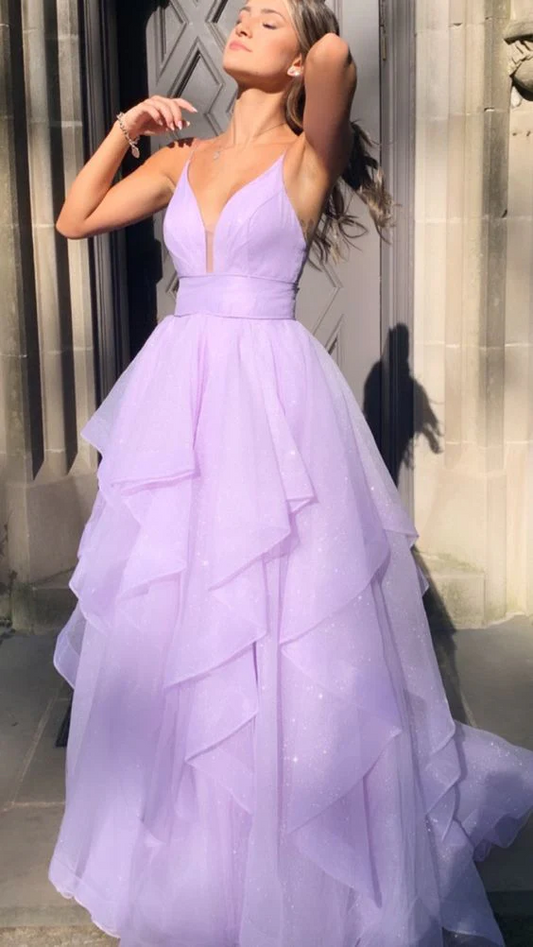 Dreamy A-Line V-Neck Spaghetti Strap Open Back Floor-Length Tulle Prom Dresses