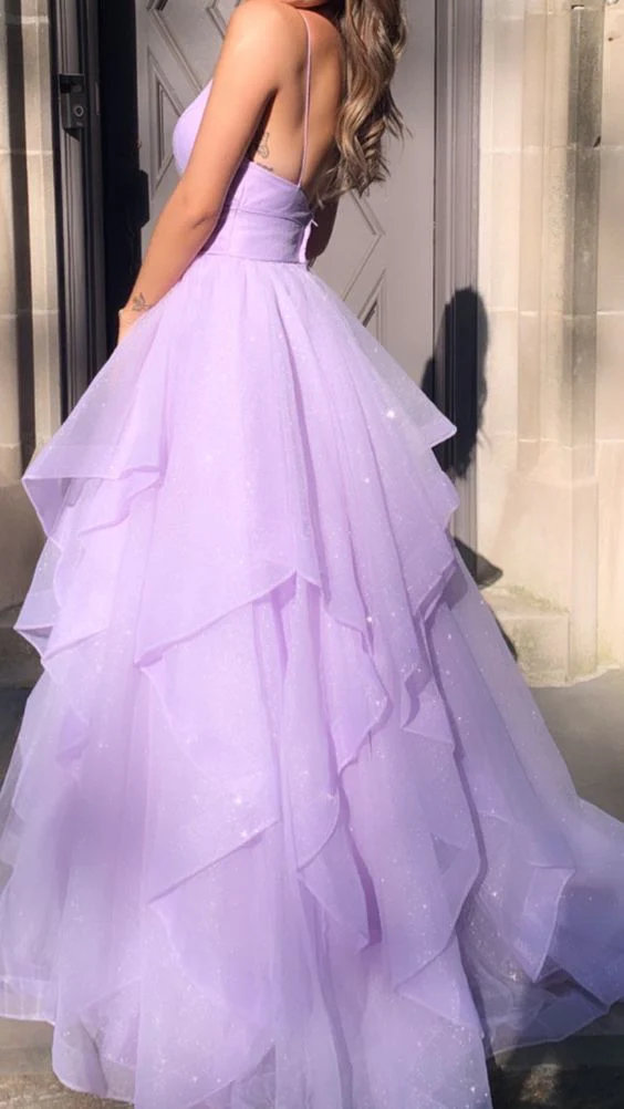 Sparkly Tulle A-Line V-Neck Open Back Tiered Floor-Length Prom Dress