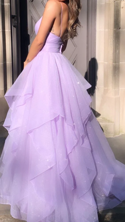 Sparkly Tulle A-Line V-Neck Open Back Tiered Floor-Length Prom Dress