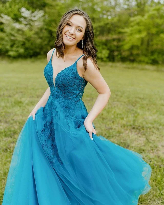 Dreamy A-Line V-Neck Spaghetti Strap Sheer Back Floor-Length Lace Tulle Prom Dresses