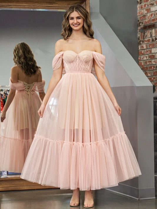 Dreamy Flowy Tiered Sheer Dotted A-Line Off-the-Shoulder Sweetheart Puff Short Sleeves Lace-Up Corset Back Midi Length Formal Evening Prom Dresses