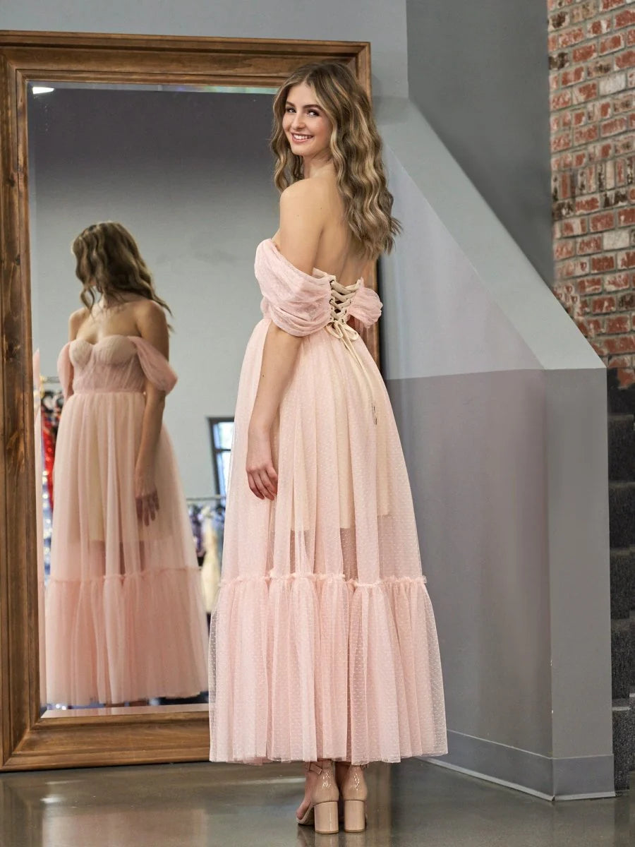 Dreamy Flowy Tiered Sheer Dotted A-Line Off-the-Shoulder Sweetheart Puff Short Sleeves Lace-Up Corset Back Midi Length Formal Evening Prom Dresses