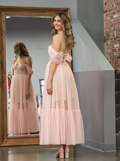 Dreamy Flowy Tiered Sheer Dotted A-Line Off-the-Shoulder Sweetheart Puff Short Sleeves Lace-Up Corset Back Midi Length Formal Evening Prom Dresses