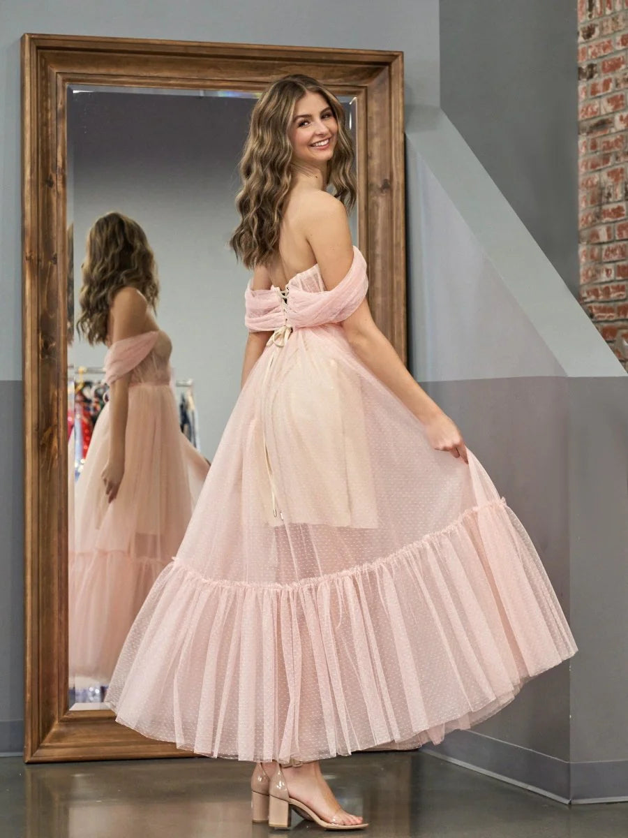 Dreamy Flowy Tiered Sheer Dotted A-Line Off-the-Shoulder Sweetheart Puff Short Sleeves Lace-Up Corset Back Midi Length Formal Evening Prom Dresses