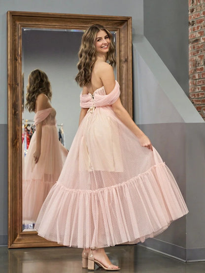 Dreamy Flowy Tiered Sheer Dotted A-Line Off-the-Shoulder Sweetheart Puff Short Sleeves Lace-Up Corset Back Midi Length Formal Evening Prom Dresses