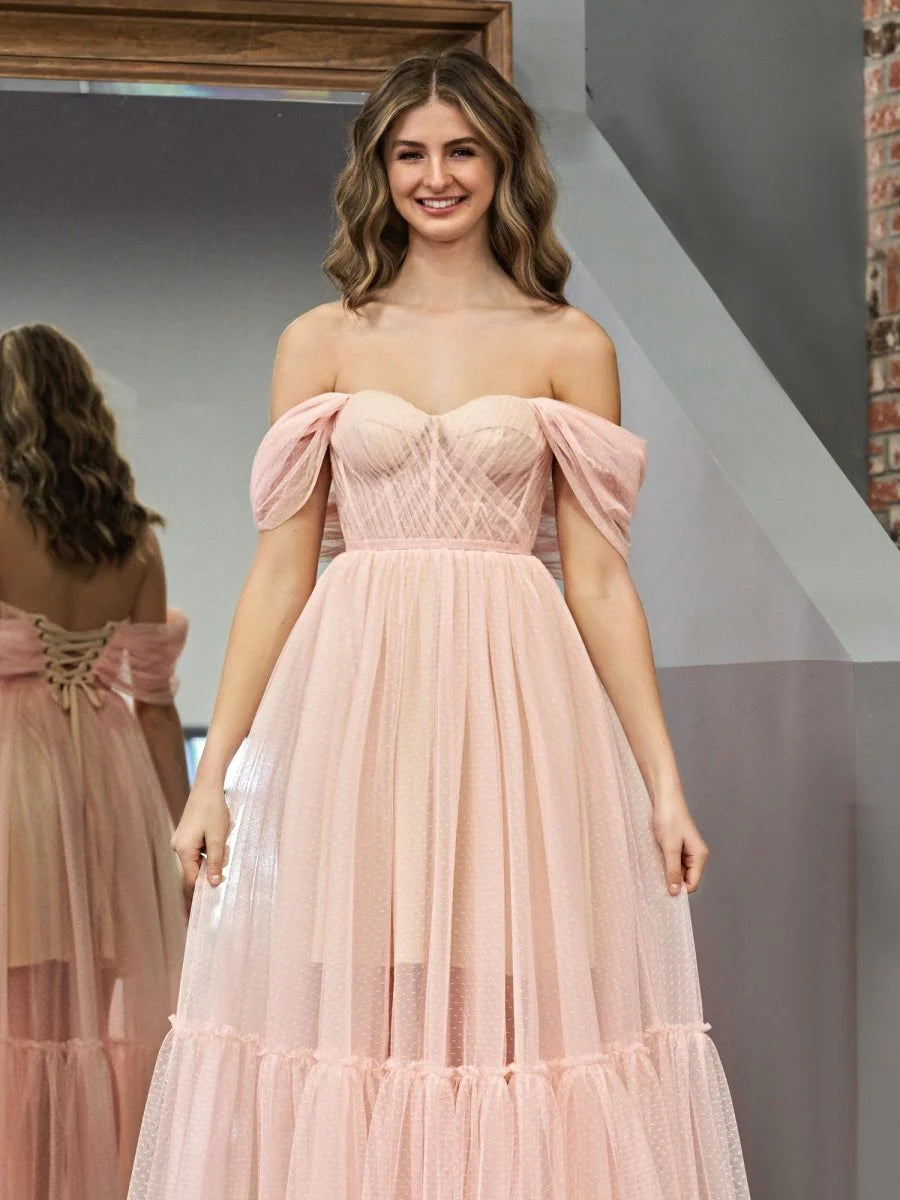 Dreamy Flowy Tiered Sheer Dotted A-Line Off-the-Shoulder Sweetheart Puff Short Sleeves Lace-Up Corset Back Midi Length Formal Evening Prom Dresses