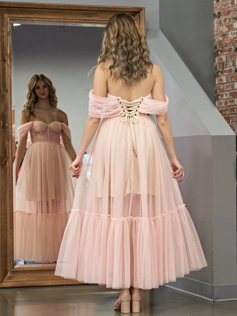 Dreamy Flowy Tiered Sheer Dotted A-Line Off-the-Shoulder Sweetheart Puff Short Sleeves Lace-Up Corset Back Midi Length Formal Evening Prom Dresses