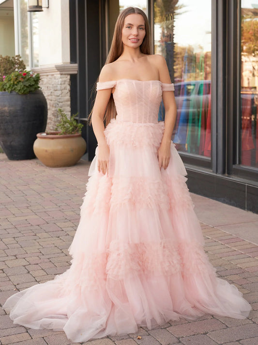 Dreamy Romantic Blush Pink Sheer Tiered Ruffle Flowy A-Line Off-the-Shoulder Ruffle Short Sleeves Structured Corset Back Floor-Length Maxi Formal Prom Dresses