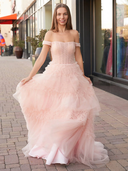 Dreamy Romantic Blush Pink Sheer Tiered Ruffle Flowy A-Line Off-the-Shoulder Ruffle Short Sleeves Structured Corset Back Floor-Length Maxi Formal Prom Dresses