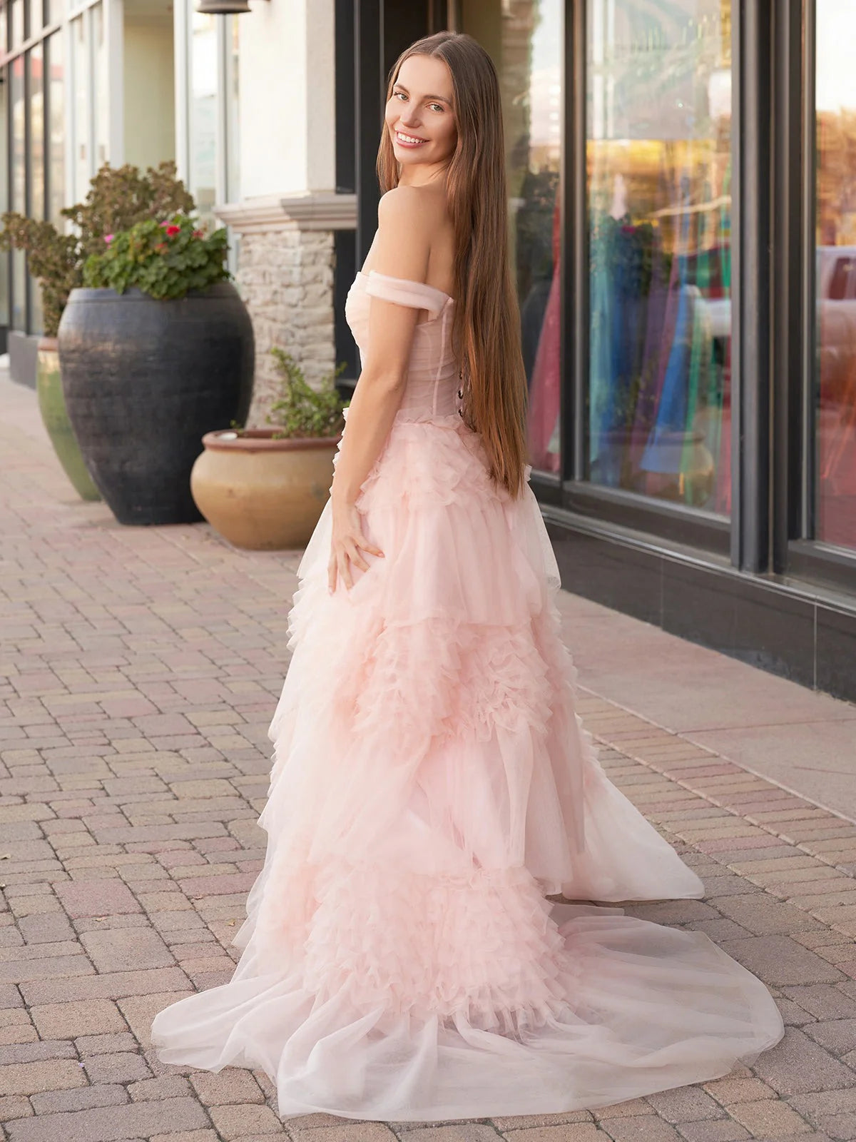 Dreamy Romantic Blush Pink Sheer Tiered Ruffle Flowy A-Line Off-the-Shoulder Ruffle Short Sleeves Structured Corset Back Floor-Length Maxi Formal Prom Dresses