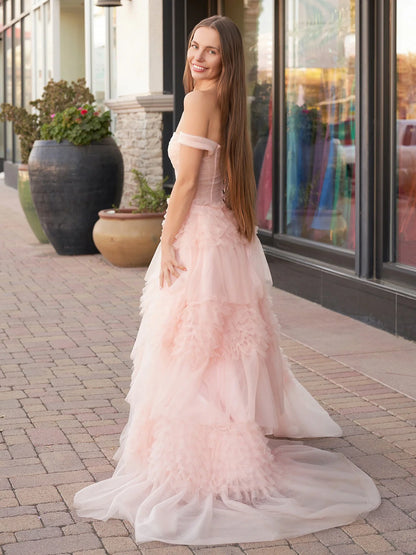 Dreamy Romantic Blush Pink Sheer Tiered Ruffle Flowy A-Line Off-the-Shoulder Ruffle Short Sleeves Structured Corset Back Floor-Length Maxi Formal Prom Dresses