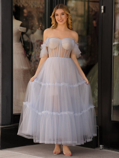 Dreamy Romantic Ethereal Tiered Tulle Off-the-Shoulder Sweetheart Neck Ruffled Tulle Sleeve Lace-Up Corset Back Midi Length Prom Dress