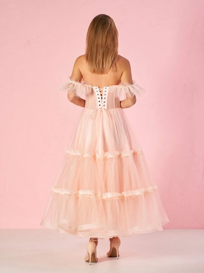 Dreamy Romantic Ethereal Tiered Tulle Off-the-Shoulder Sweetheart Neck Ruffled Tulle Sleeve Lace-Up Corset Back Midi Length Prom Dress