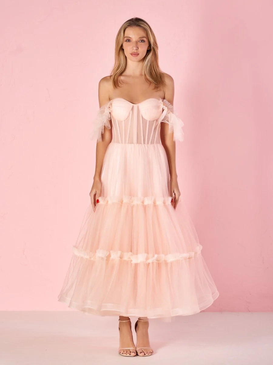 Dreamy Romantic Ethereal Tiered Tulle Off-the-Shoulder Sweetheart Neck Ruffled Tulle Sleeve Lace-Up Corset Back Midi Length Prom Dress